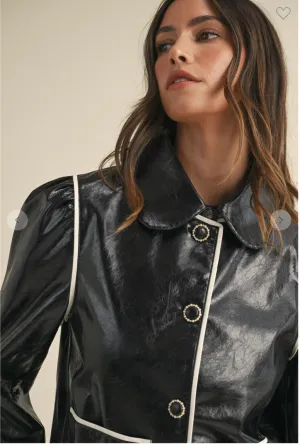 Contrast Pipping Collared Faux Leather Jacket