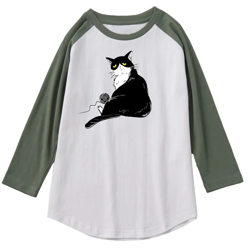 CORIRESHA Men's Cute Cat T-Shirt Raglan Sleeves Round Neck Curved Hem Casual Tops