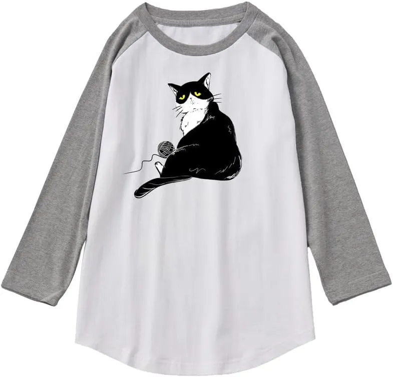 CORIRESHA Men's Cute Cat T-Shirt Raglan Sleeves Round Neck Curved Hem Casual Tops