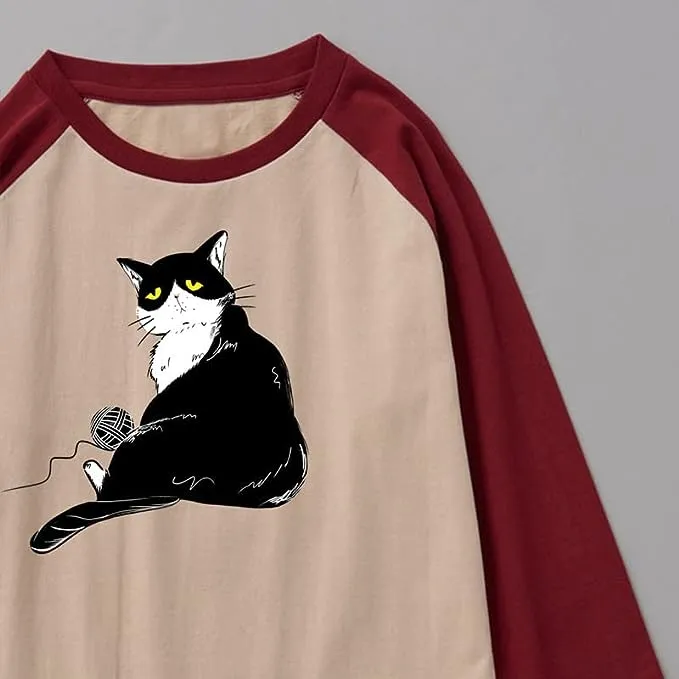 CORIRESHA Men's Cute Cat T-Shirt Raglan Sleeves Round Neck Curved Hem Casual Tops