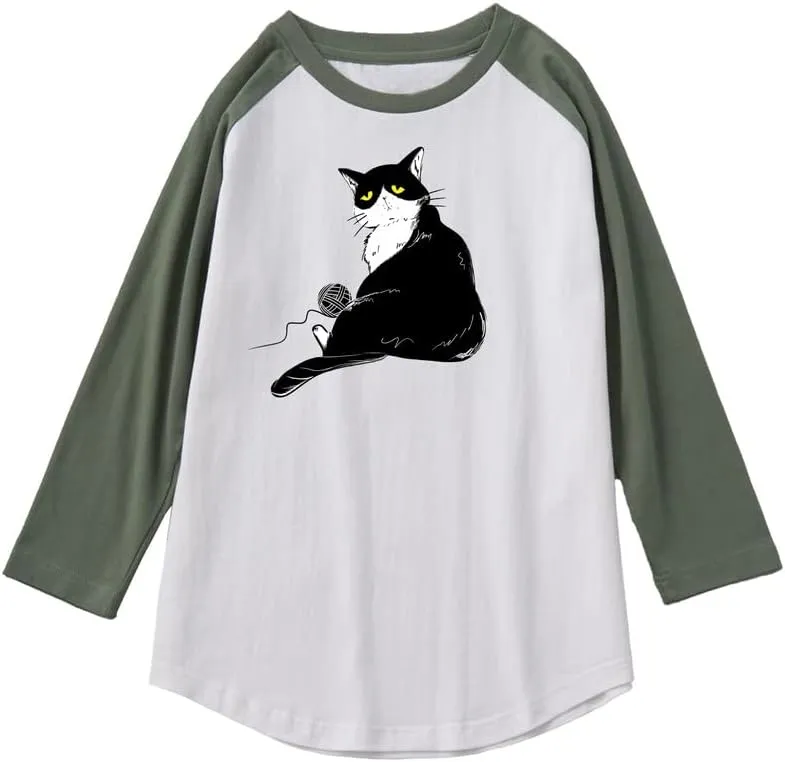 CORIRESHA Men's Cute Cat T-Shirt Raglan Sleeves Round Neck Curved Hem Casual Tops