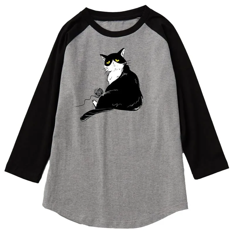 CORIRESHA Men's Cute Cat T-Shirt Raglan Sleeves Round Neck Curved Hem Casual Tops