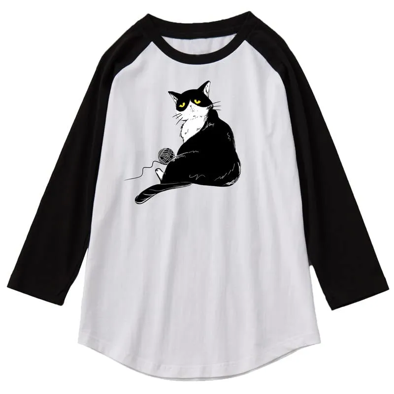 CORIRESHA Men's Cute Cat T-Shirt Raglan Sleeves Round Neck Curved Hem Casual Tops