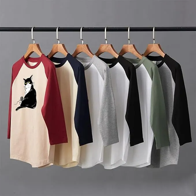 CORIRESHA Men's Cute Cat T-Shirt Raglan Sleeves Round Neck Curved Hem Casual Tops