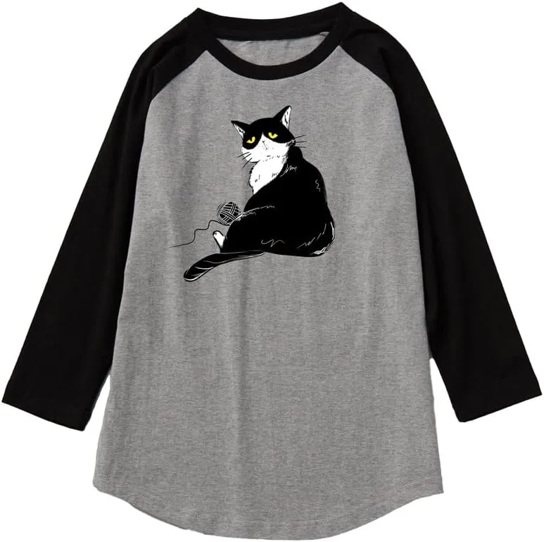 CORIRESHA Men's Cute Cat T-Shirt Raglan Sleeves Round Neck Curved Hem Casual Tops