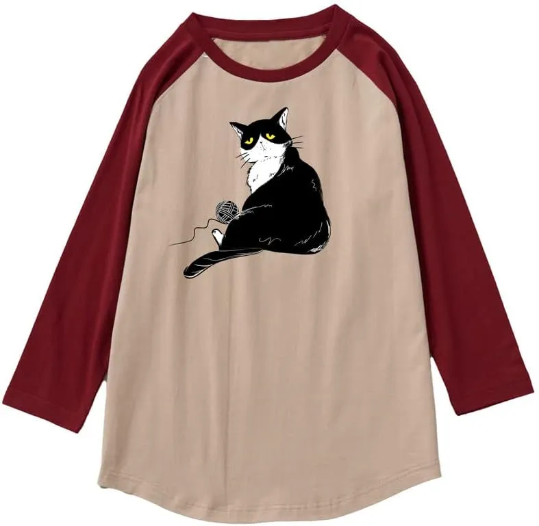 CORIRESHA Men's Cute Cat T-Shirt Raglan Sleeves Round Neck Curved Hem Casual Tops