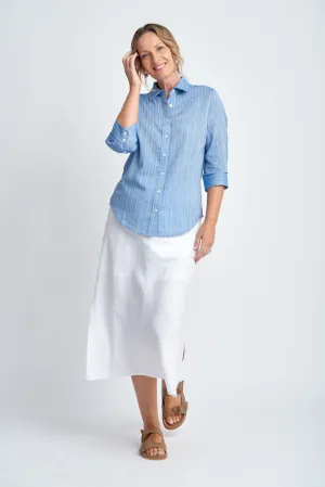 Cotton 3/4 Sleeve Lightweight Stripe Shirt Light Blue/White