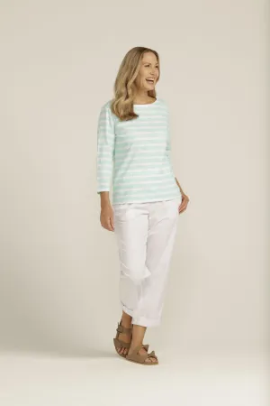Cotton Boatneck 3/4 Sleeve Tee White/Aqua