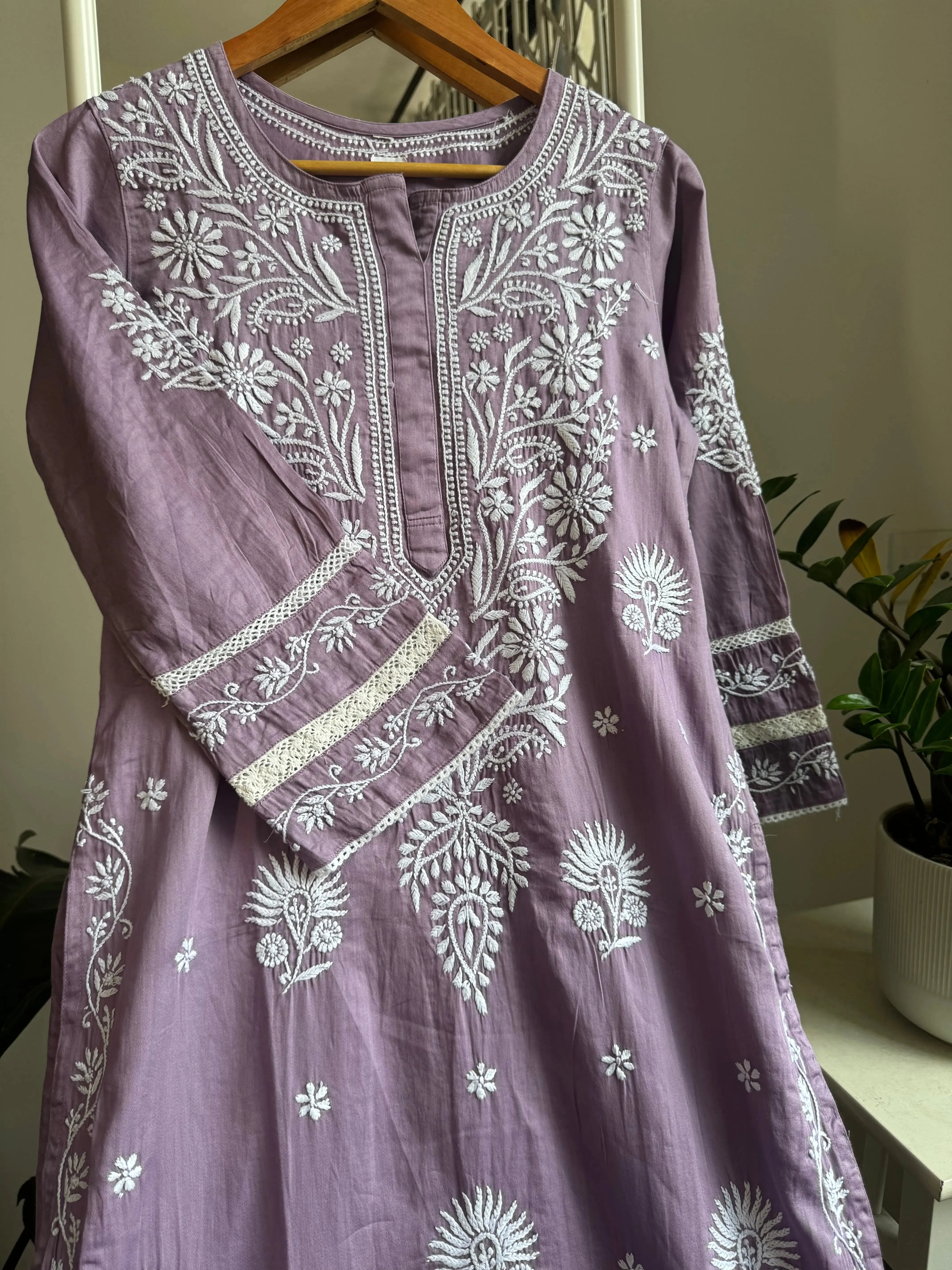 Cotton Chikankari Kurti -  Mauve