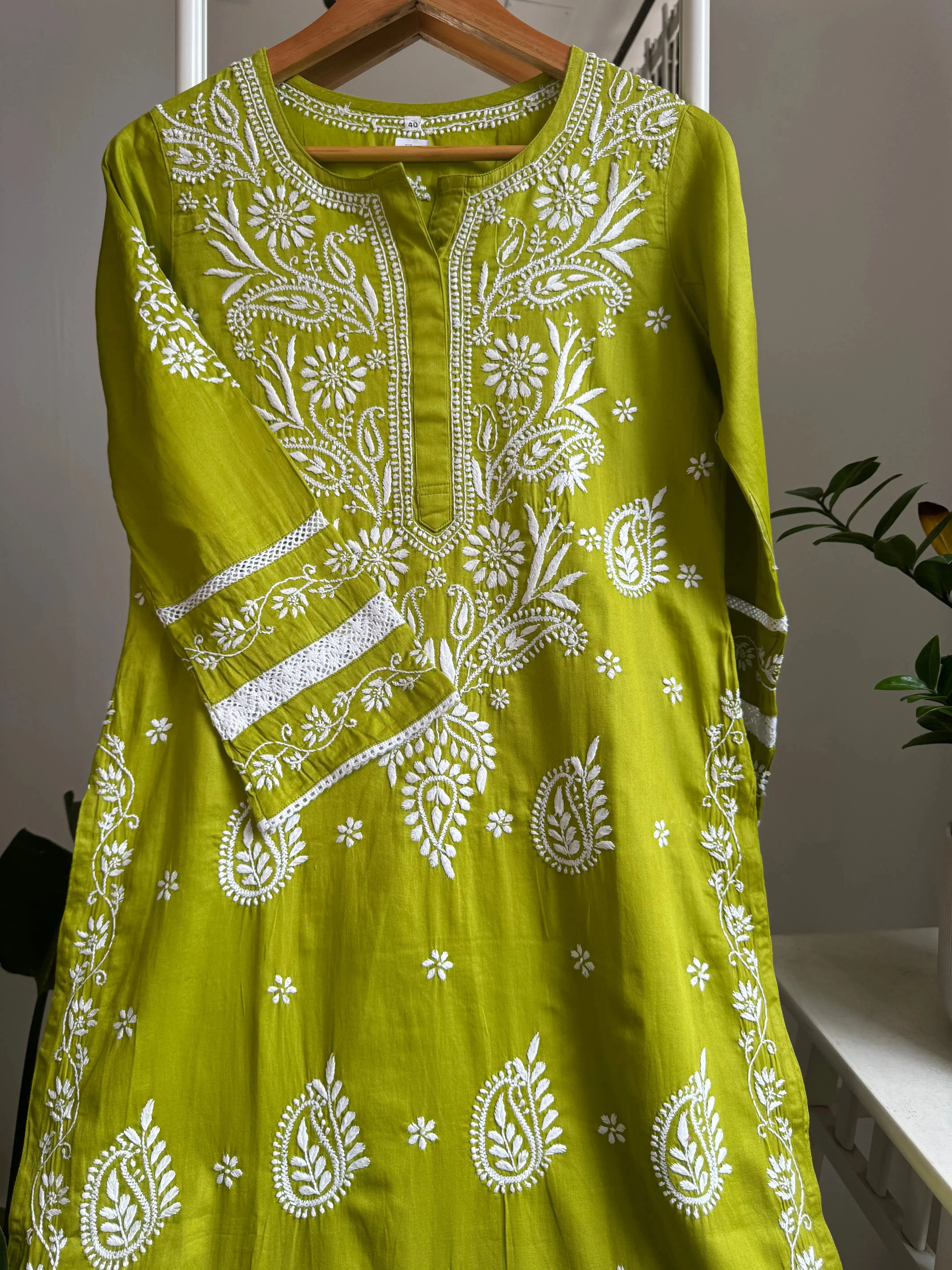 Cotton Chikankari Kurti -  Mehndi Green