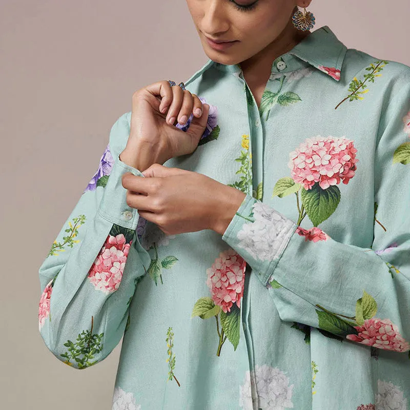 Cotton Linen Kurta Set for Women | Teal Blue | Printed