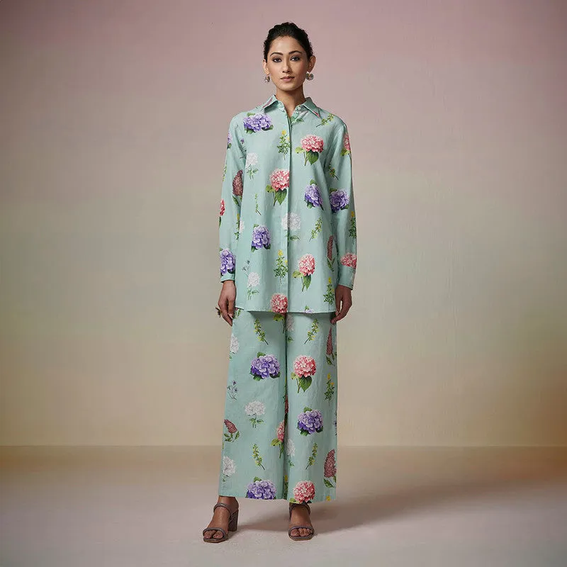 Cotton Linen Kurta Set for Women | Teal Blue | Printed