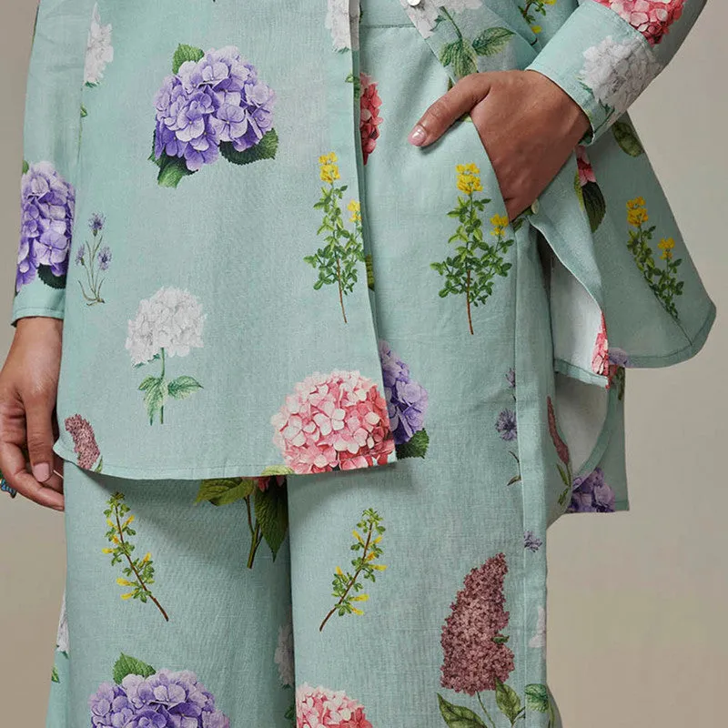 Cotton Linen Kurta Set for Women | Teal Blue | Printed