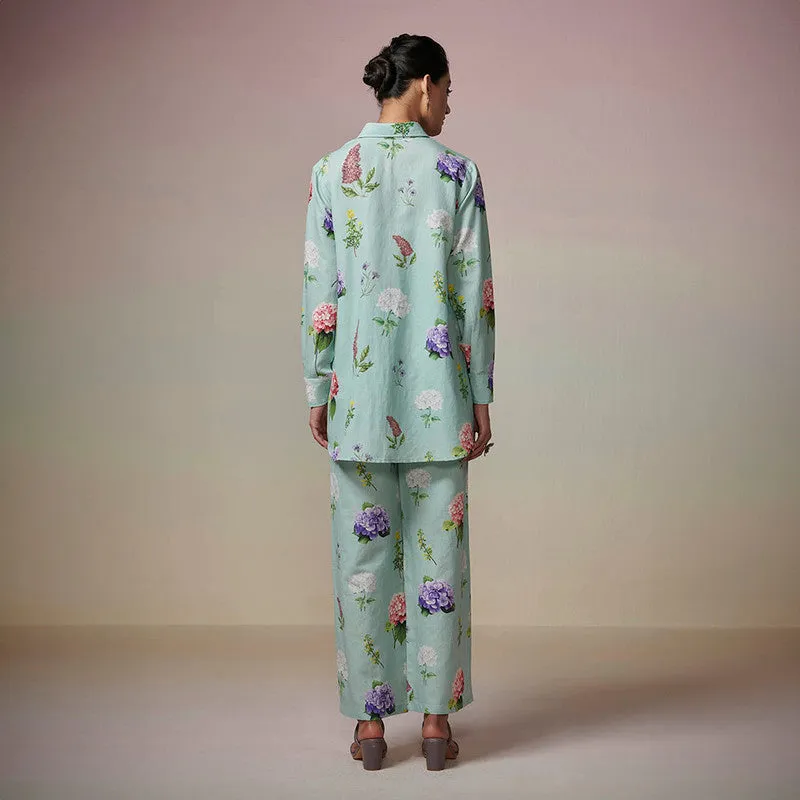 Cotton Linen Kurta Set for Women | Teal Blue | Printed