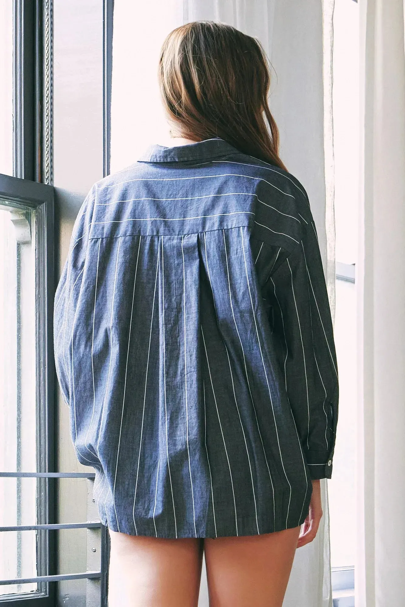 Cotton Stripe Single Pocket Button Up Shirt Top