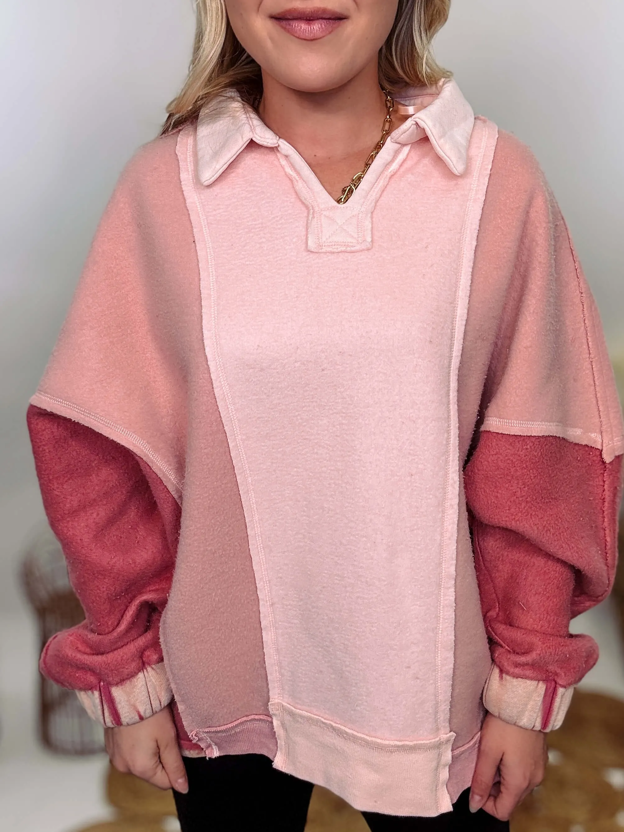 Cozy Pink Mauve Colorblock Oversized Pullover