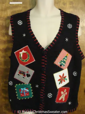 Crafty Patchwork with Embroidery Ugly Christmas Sweater Vest