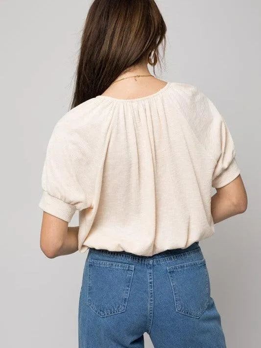 Cream of the Crop Shirred Neckline Rib Top