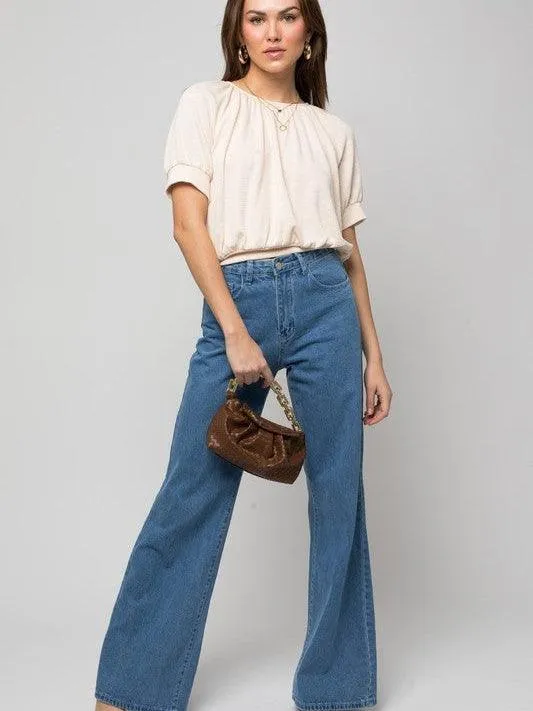 Cream of the Crop Shirred Neckline Rib Top