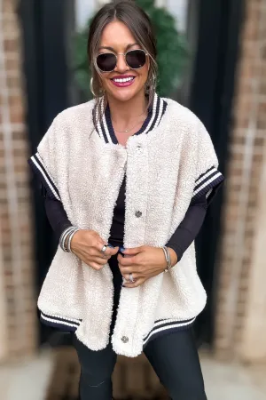 Cream Stripe Edge Oversized Teddy Vest