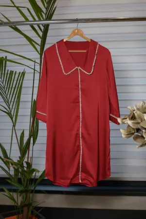 Crimson Opulence Maroon Shirt with Pearl White Embellished Neck Border