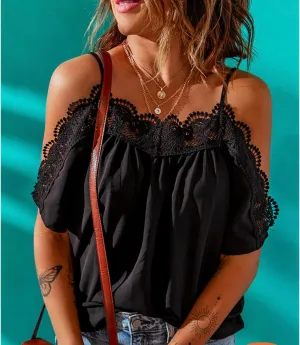 Crochet neckline cold shoulder top