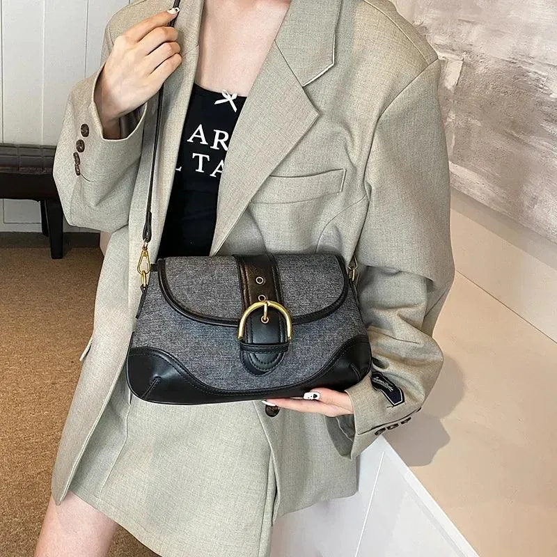 Crossbody Bags Leather Women's Small Flap Belt Buckle Patchwork Style Handbags
