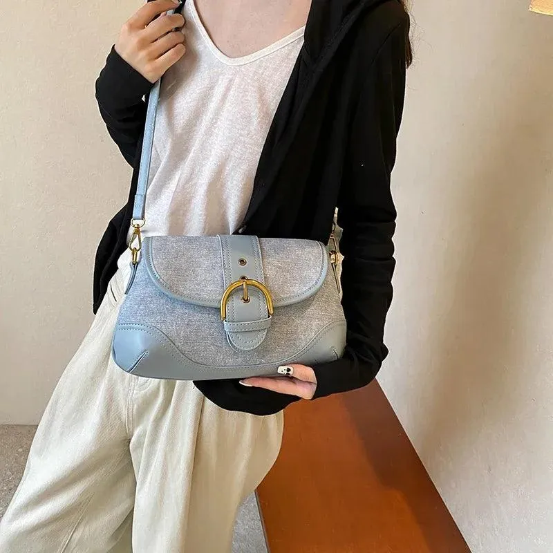 Crossbody Bags Leather Women's Small Flap Belt Buckle Patchwork Style Handbags
