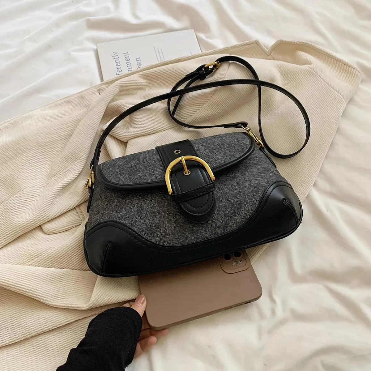 Crossbody Bags Leather Women's Small Flap Belt Buckle Patchwork Style Handbags