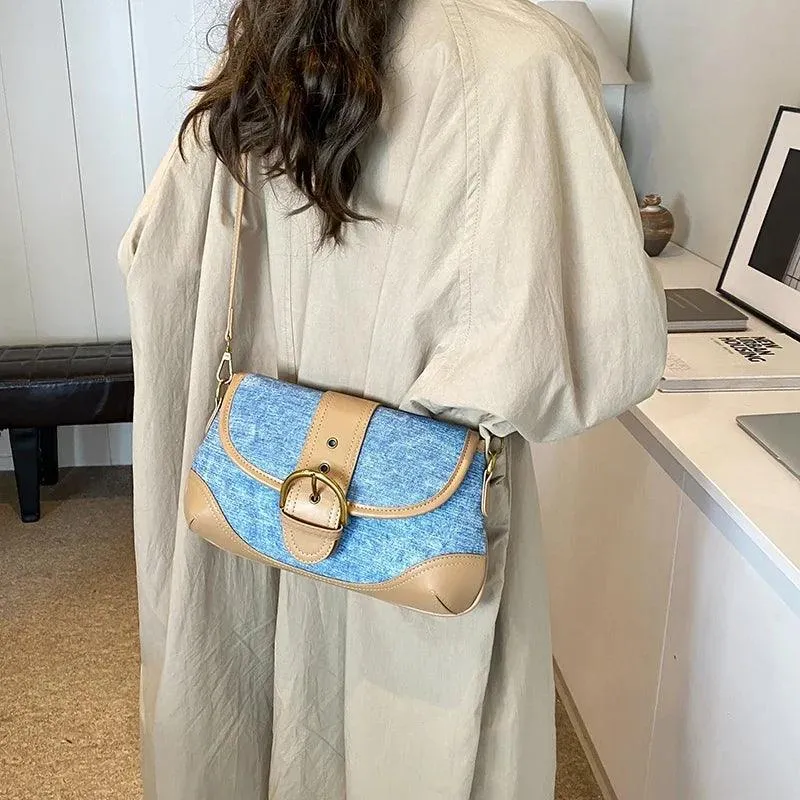 Crossbody Bags Leather Women's Small Flap Belt Buckle Patchwork Style Handbags