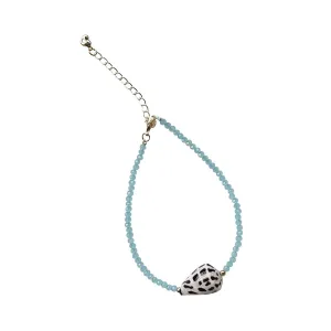Crystal Aqua Beads with Hebrew Shell Charm Bracelet