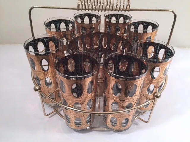 Culver Mid-Century Pisa 22-Karat Gold Cocktail Bar Set (8 Glasses, Ice Container, Carrier)