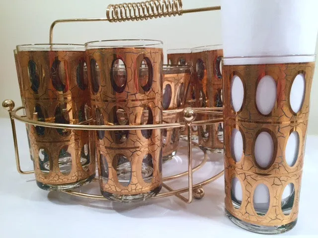 Culver Mid-Century Pisa 22-Karat Gold Cocktail Bar Set (8 Glasses, Ice Container, Carrier)