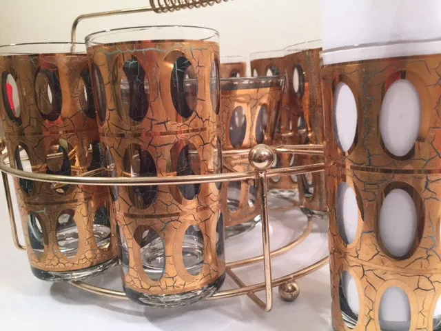 Culver Mid-Century Pisa 22-Karat Gold Cocktail Bar Set (8 Glasses, Ice Container, Carrier)