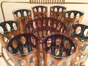 Culver Mid-Century Pisa 22-Karat Gold Cocktail Bar Set (8 Glasses, Ice Container, Carrier)