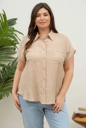 CURVY SOLID FOLD SLEEVE BUTTON DOWN TOP