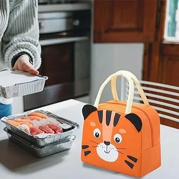 Cute 3d design Animal Printed Insulated  Lunch bag for kids (Orange Tiger)