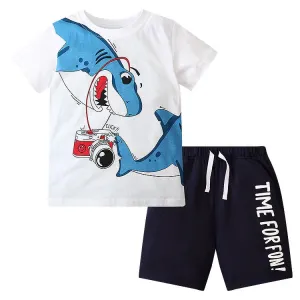 Cute Cartoon Shark Pattern T-shirt and Shorts Set
