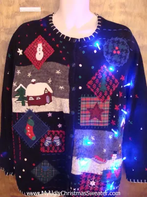 Cute Christmas Sweater with Patchwork Decor and Lights