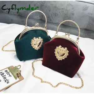 Cyflymder Female Velvet Pearl Handbag Vintage Velour Heart Design Evening Bag Wedding Christmas Party Bride Clutch Velour Badge Bag Purse