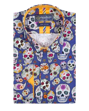 Dark Blue day of the dead Skull Print Shirt with Matching Handkerchief