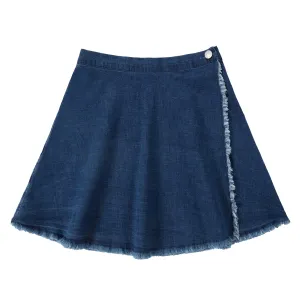 Dark Denim Wrap Skirt with Frayed Details