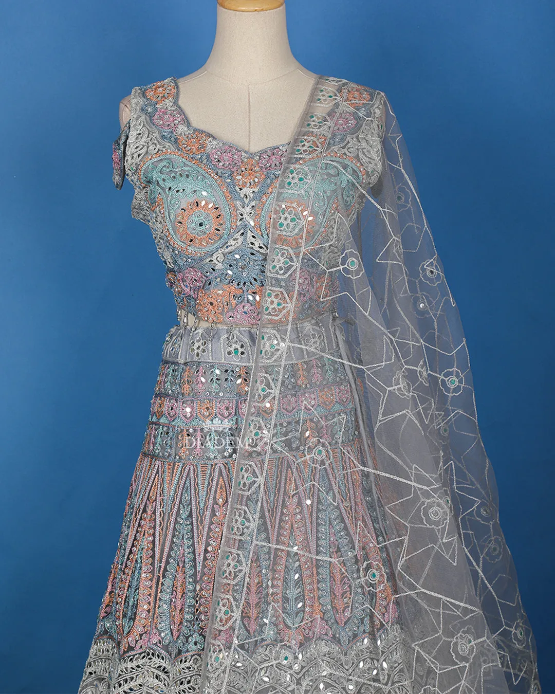 Dark Grey Floral Embroidered Lehenga