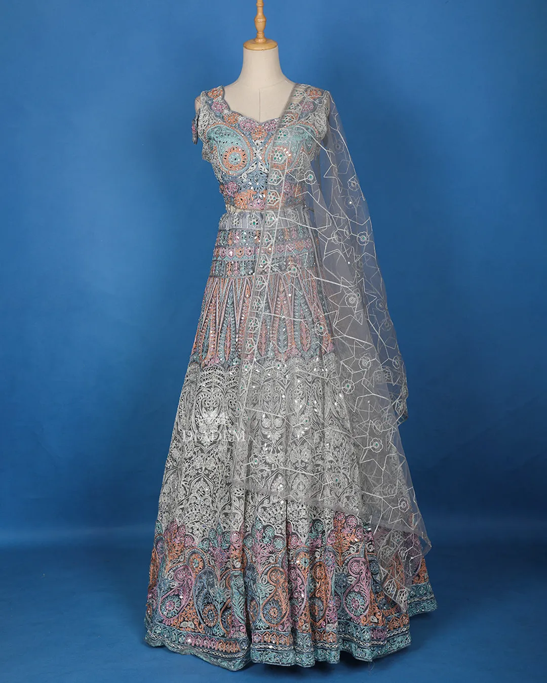 Dark Grey Floral Embroidered Lehenga