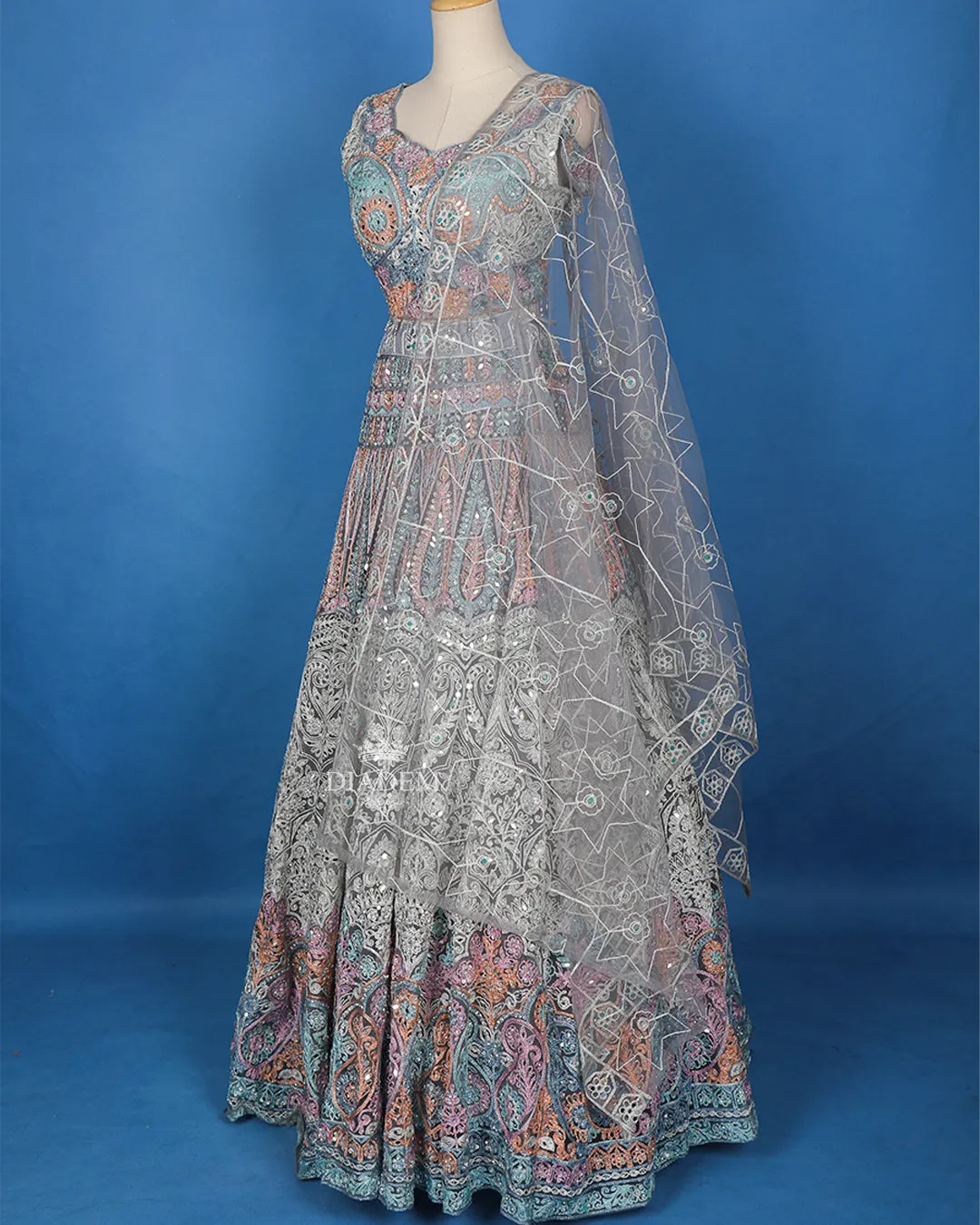 Dark Grey Floral Embroidered Lehenga