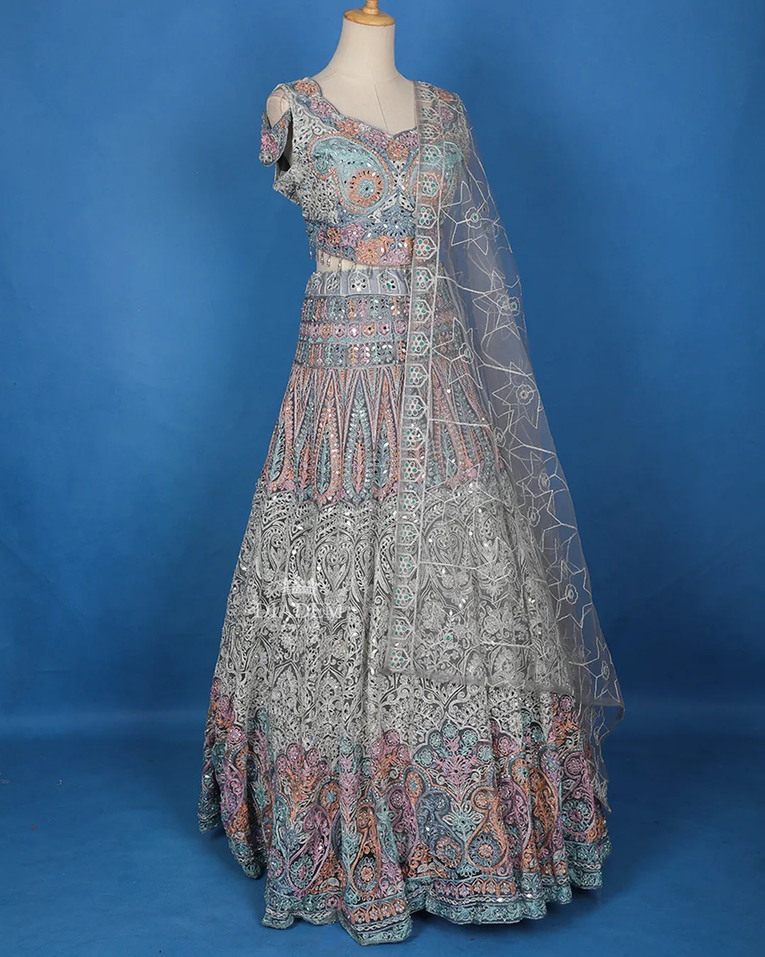 Dark Grey Floral Embroidered Lehenga