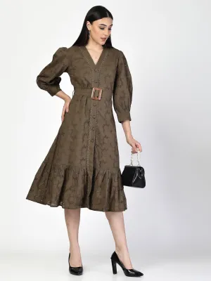 Dark Olive Schiffli Waist Tie Up Midi Dress