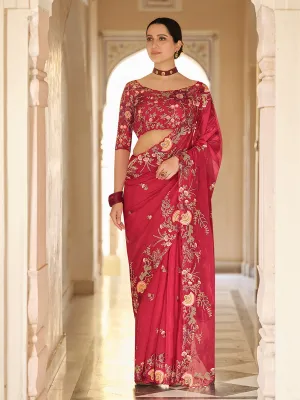Dark Pink Organza Embroidered Saree With Unstitched Blouse