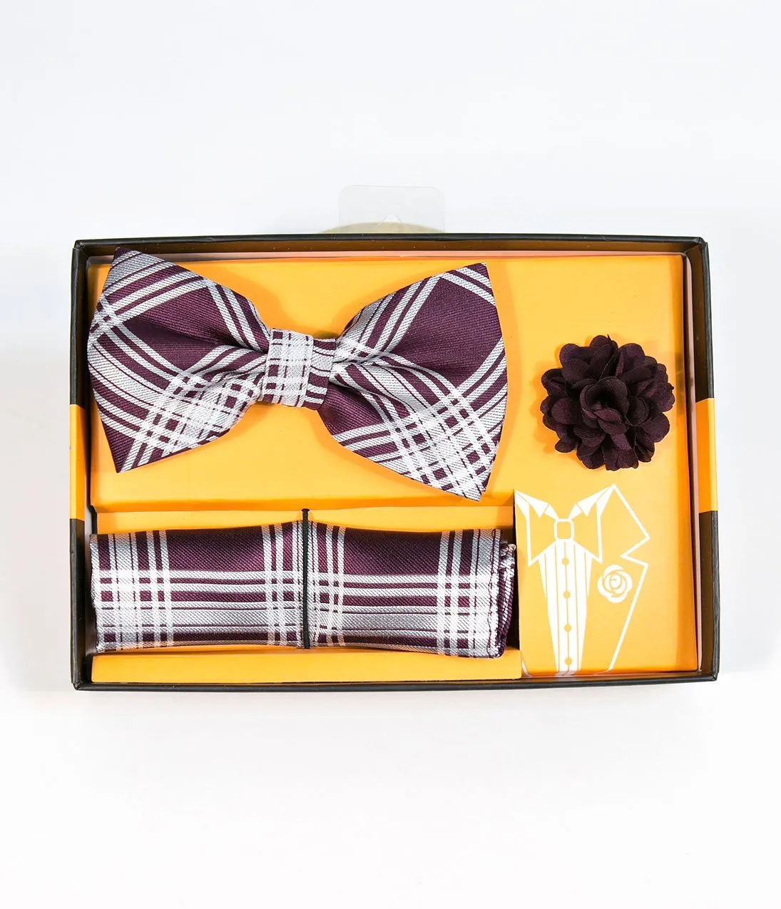 Dark Purple & White Plaid Bow Tie & Lapel Pin Set