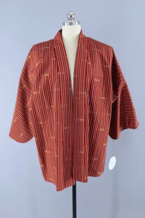 Dark Red Ikat Stripe Raw Silk Kimono Cardigan